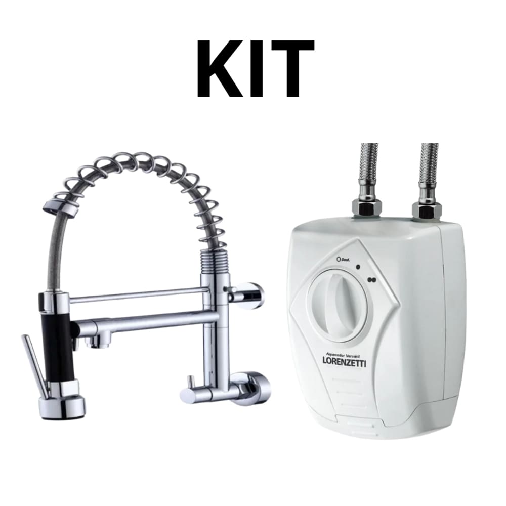 Kit Torneira Monocomando de Parede Cromada Cozinha + Aquecedor Lorenzetti Versátil 127V