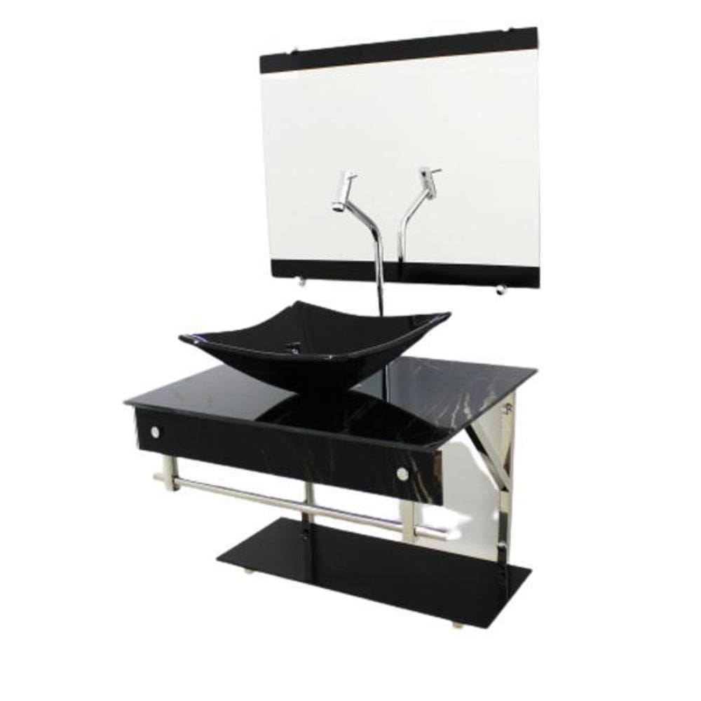 Gabinete De Vidro 60Cm Iqx Inox Cuba Quadrada Mármore Preto