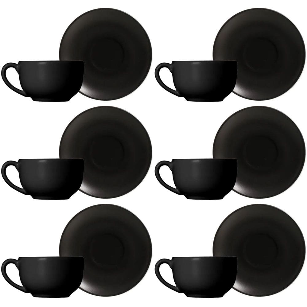 Conjunto de 6 Xícaras de Chá com Pires de Cerâmica Preto Acetinado 250ml - Alleanza