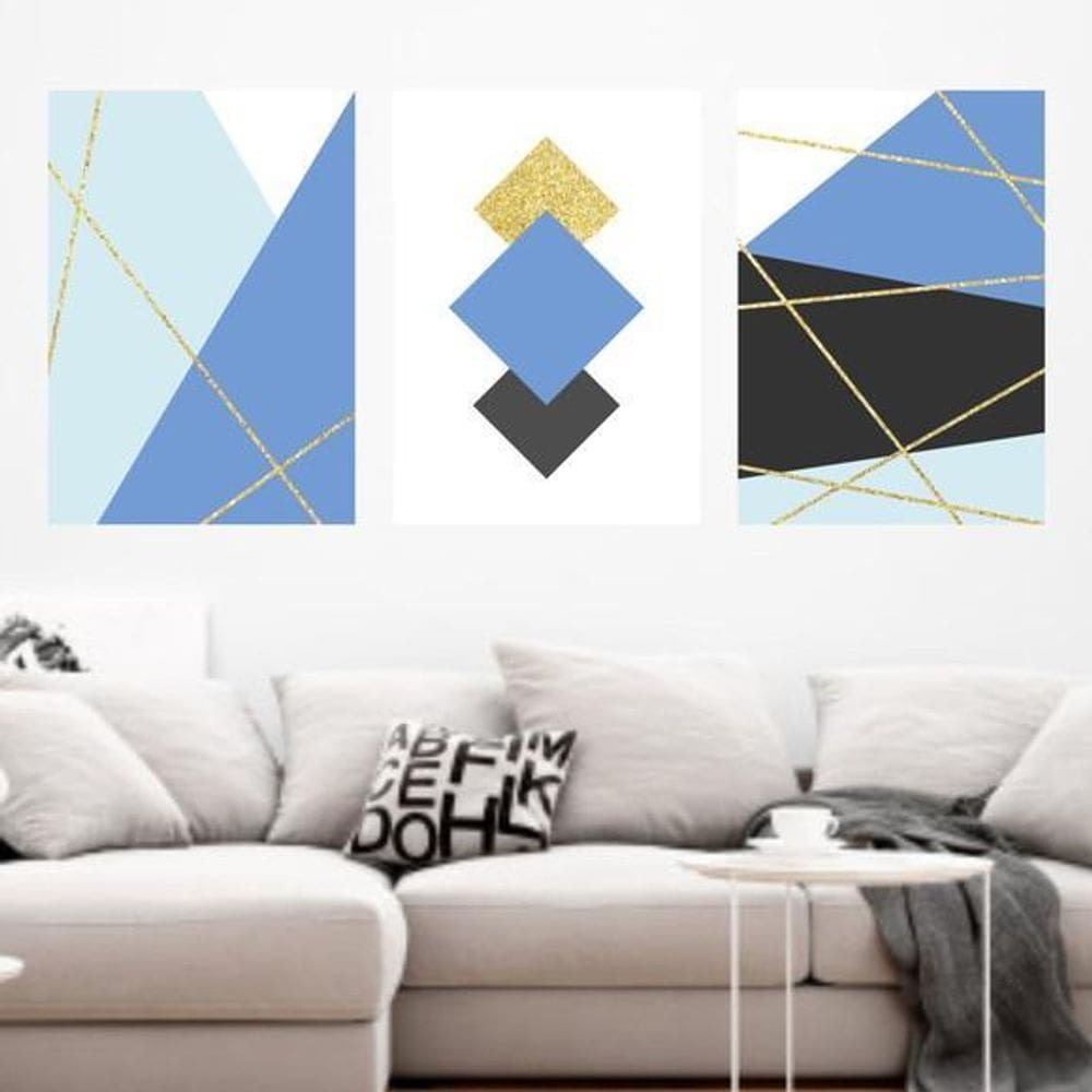 Kit 3 Quadros Geométrico Azul Escuro 45X34Cm Moldura Branca