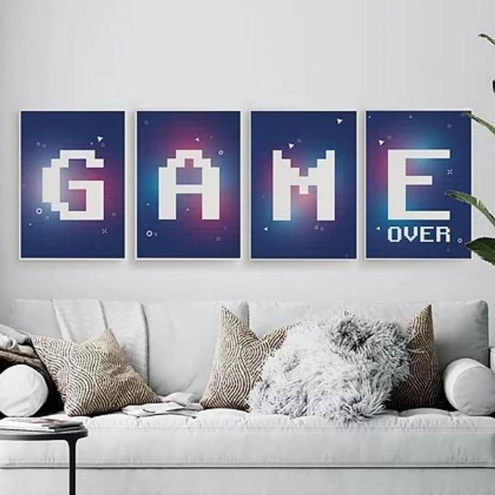 Kit 4 Quadros Gamer Game Over Roxo 33X24Cm - Madeira Branca