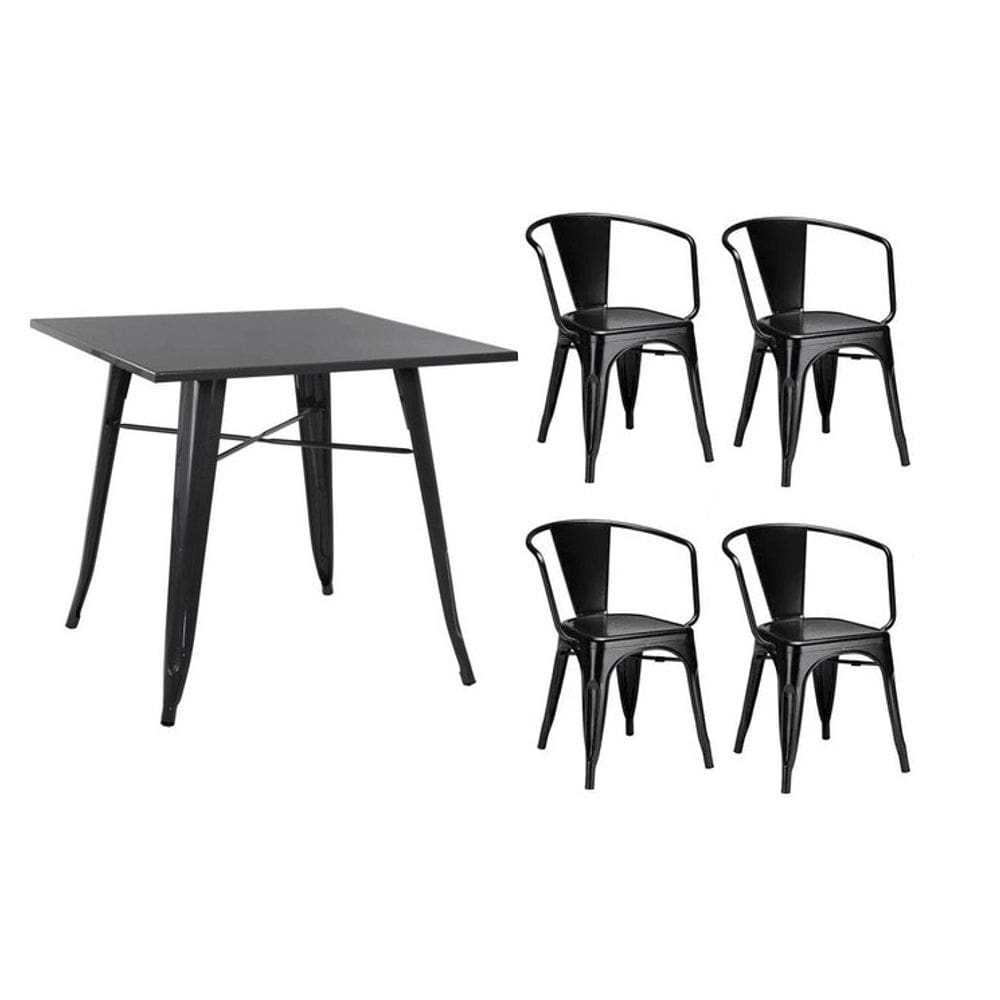 Conjunto Mesa Tolix 80cm + 4 Cadeiras com Braço – Preto, Estilo Industrial para Bar ou Café
