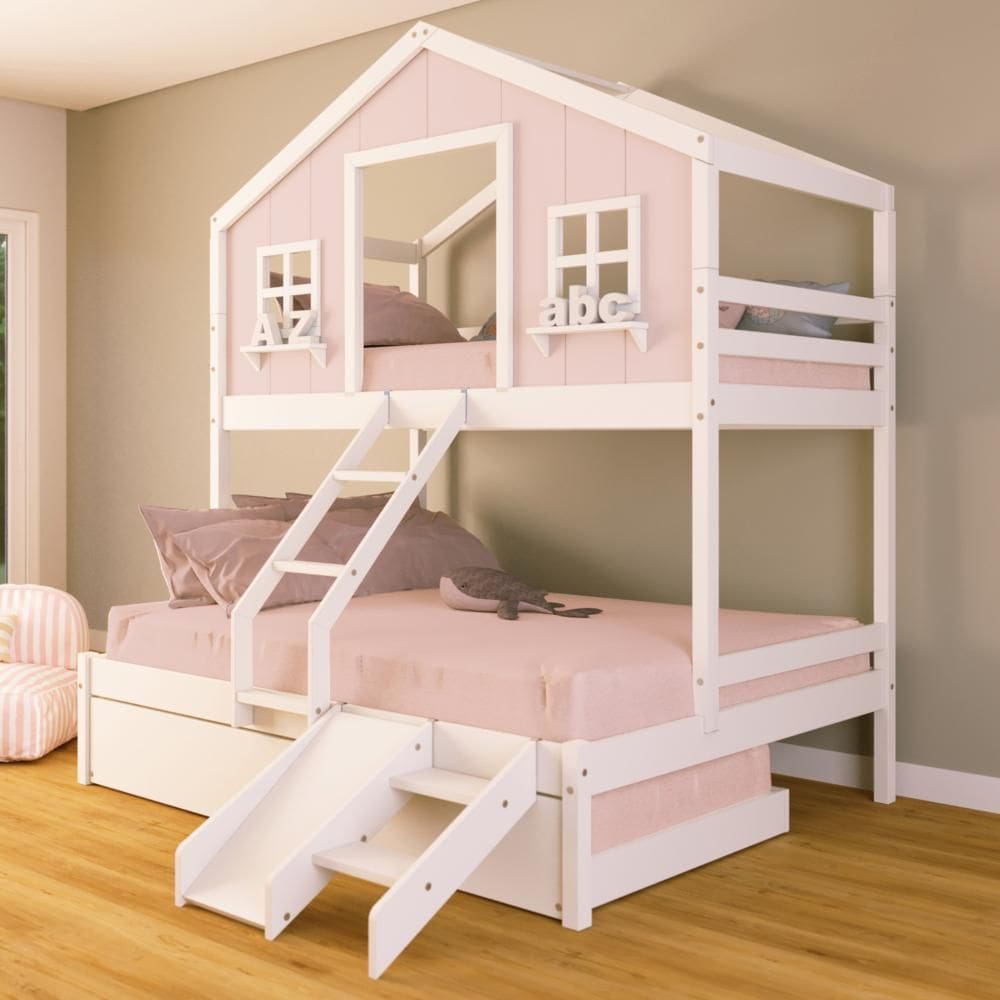 Treliche Casal/ Solteiro Casinha dos Sonhos com Escada/ Escorregador Madeira Maciça Rosa/ Branco Housin