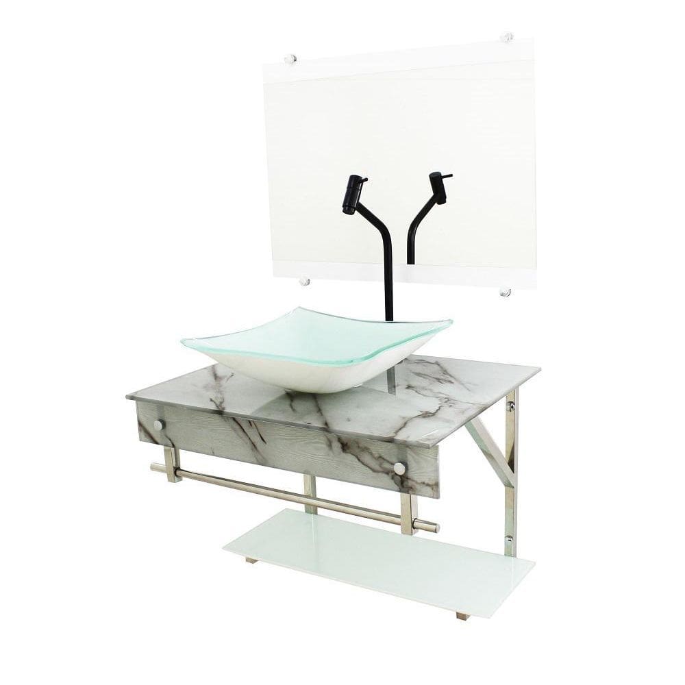 Gabinete De Vidro 60Cm Inox Cuba Quadrada - Mármore Branco