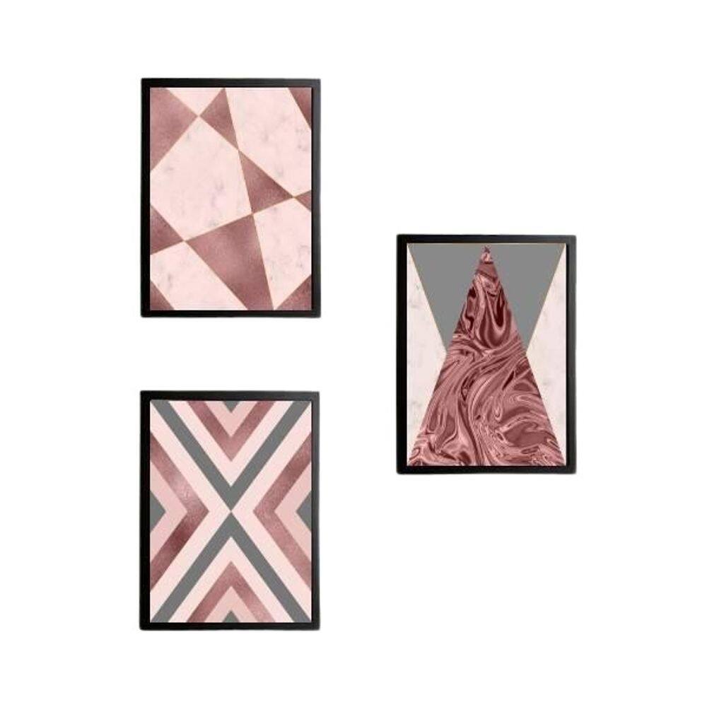 Quadro Decorativo Geométricos Rosados Vidro 24X18Cm 3 Peças