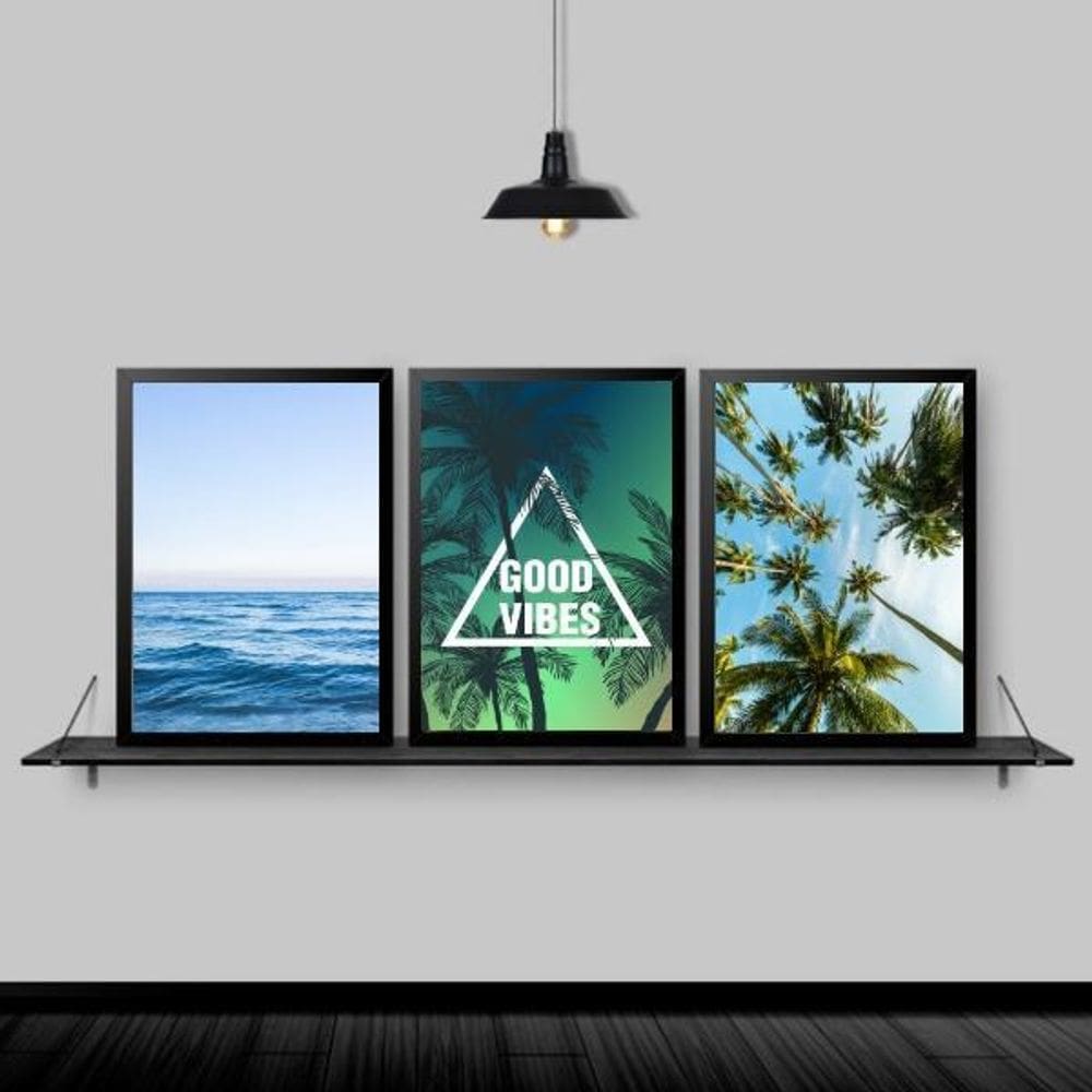Kit 3 Quadros Praia Mar Coqueiro Good Vibes 45X34Cm - Preta