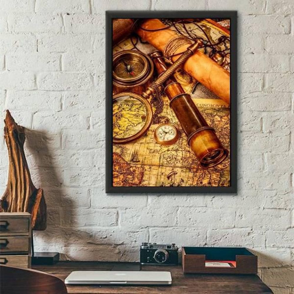 Quadro Decorativo Cartografia Com Lupa E Luneta 34x23cm