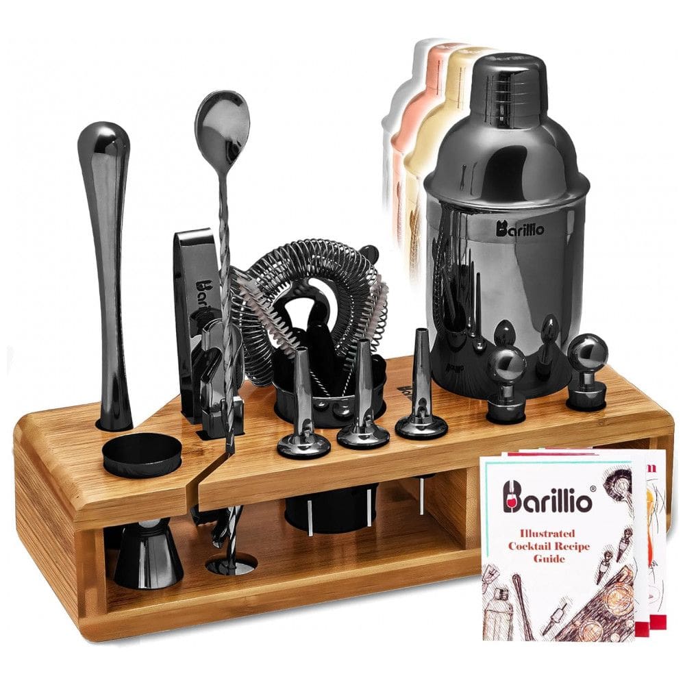 Kit Bn Profissional 23 Peças em Aço Inoxidável com Suporte de Bambu e Livro de Receitas, BARILLIO, Preto
