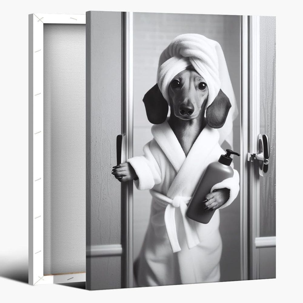 Pôster em tela de arte de parede Funny Dachshund Bathroom 20x30cm