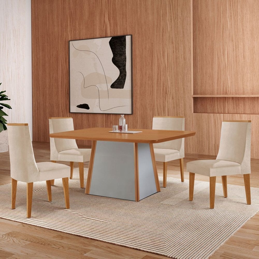 Mesa Merlim 120 Tampo Mdf Canto Copo e 4 Cadeiras Sena NATURALLE / OFF WHITE