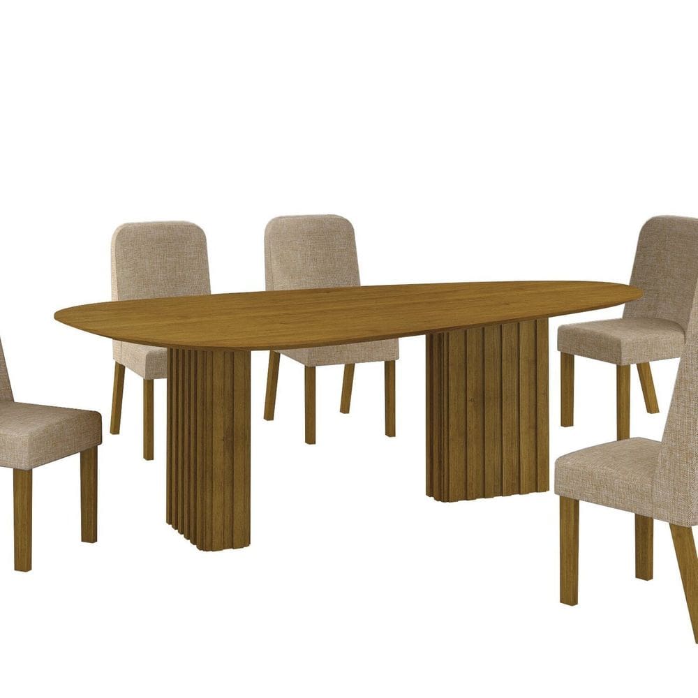 Conjunto Mesa com 6 Cadeiras Tampo Orgânico sem Vidro Isis Freijó/Palha