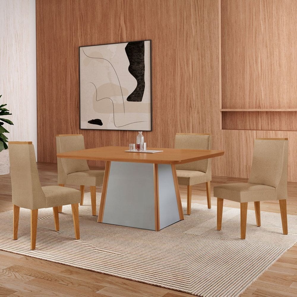 Mesa 120 Tampo Mdf Canto Copo e 4 Cadeiras Merlim Sena NATURALLE / OFF WHITE