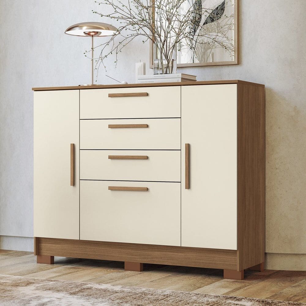 Cômoda 2 Portas 4 Gavetas Pinhais 105cm X 130,2cm, X 42cm Jatobá/Areia