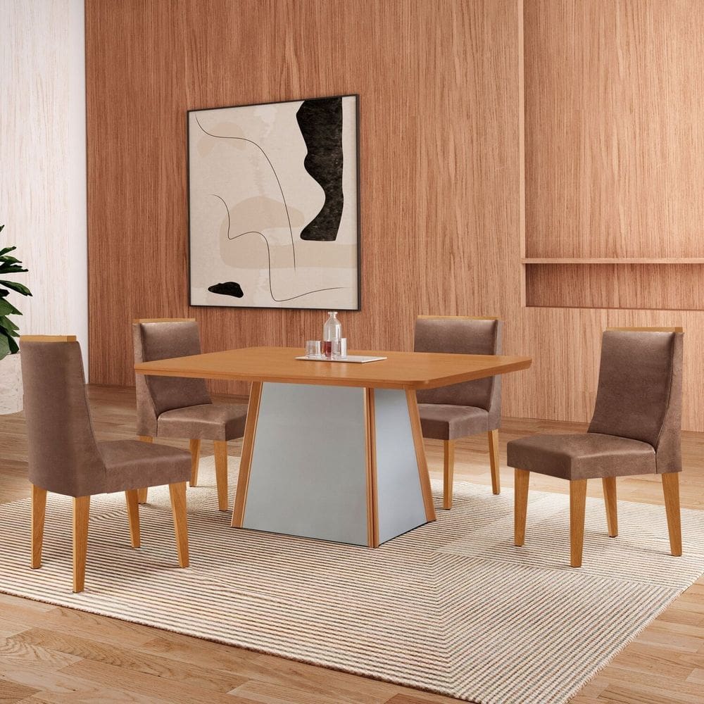 Mesa 120cm Tampo Mdf Canto Copo e 4 Cadeiras Merlim Sena Tork / Naturalle / Off White