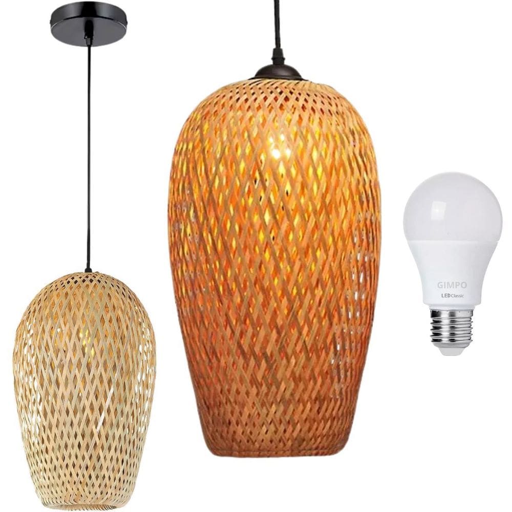 Lustre Pendente Bambu 37Cm Fibra Natural Luminária Teto