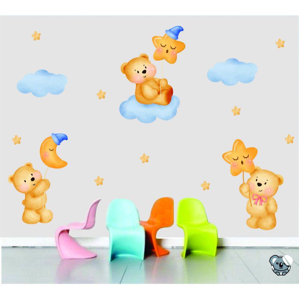 Adesivo De Parede Infantil Ursinho Lua Nuvem Aquarela