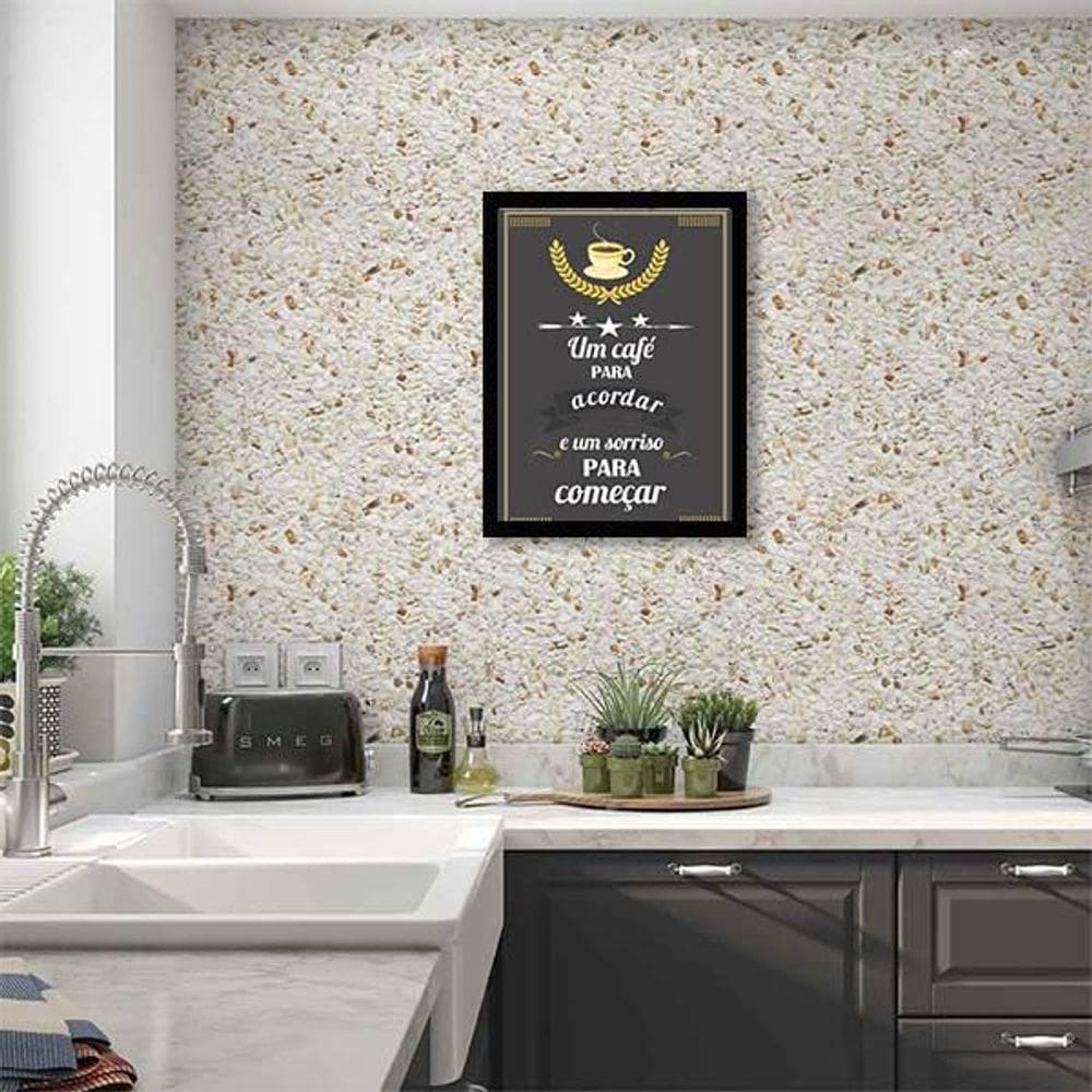 Quadro Decorativo Café Para Acordar E Sorriso Moldura Preta