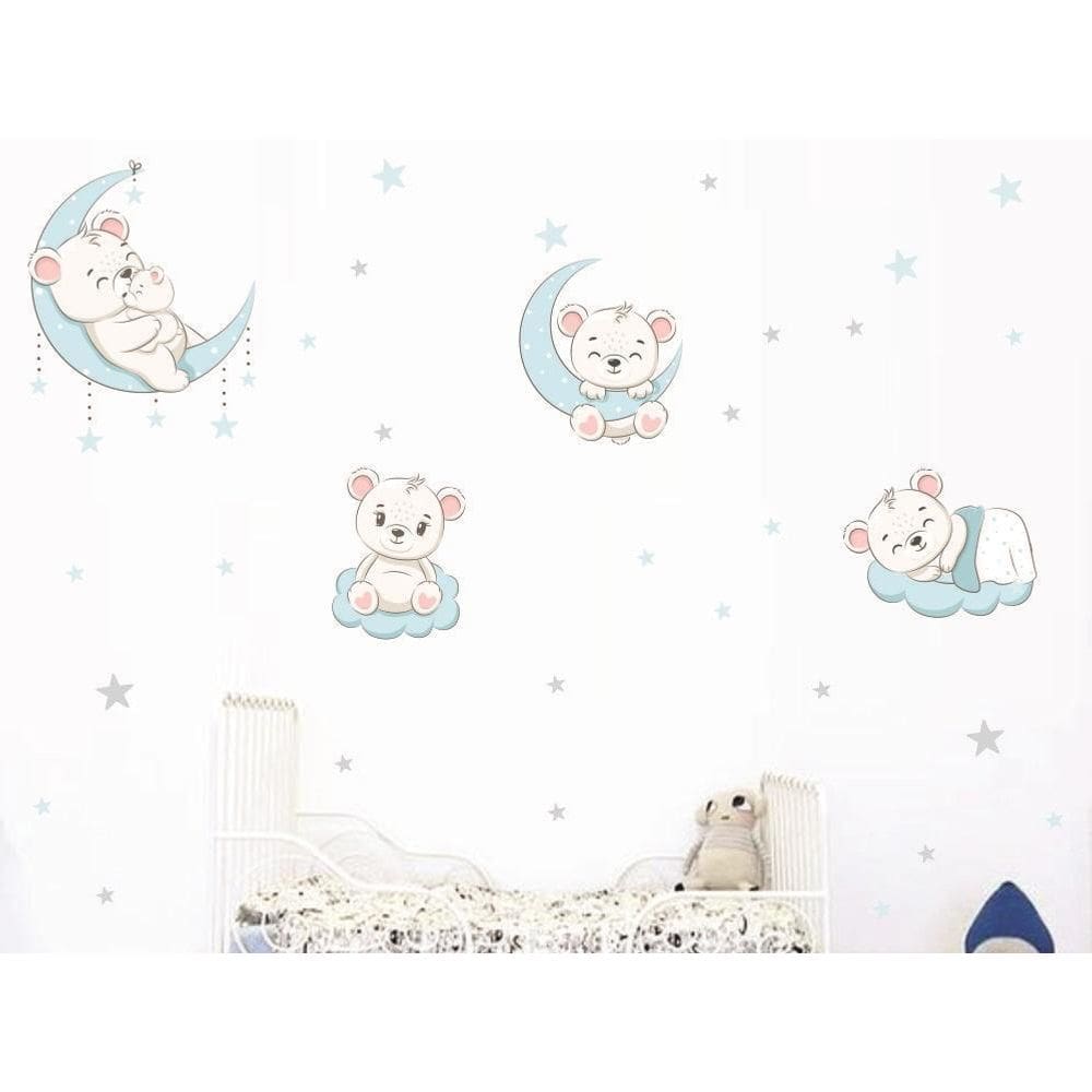 Adesivo De Parede Infantil Ursinhos Lua Nuvens Baby