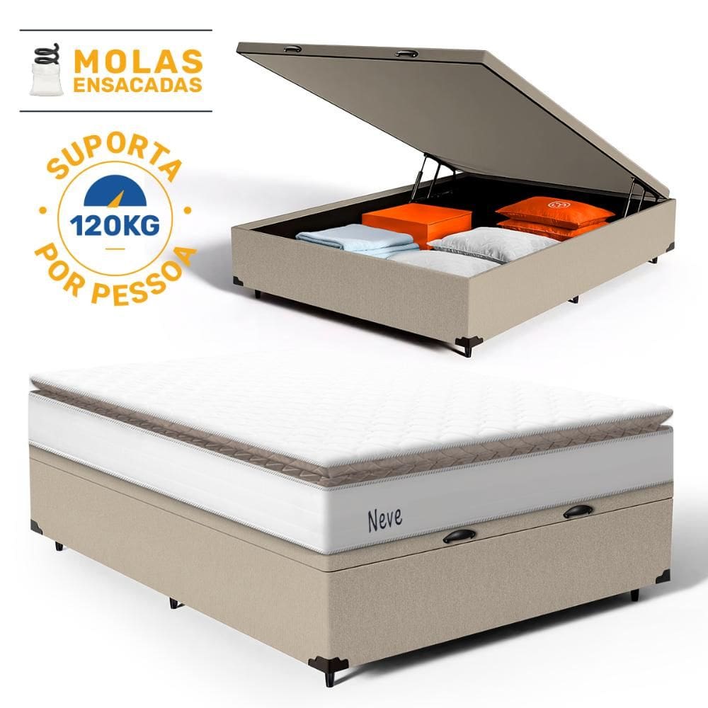Cama Box Baú com Colchão de Molas Ensacadas Pillow Top Neve Casal 138cm