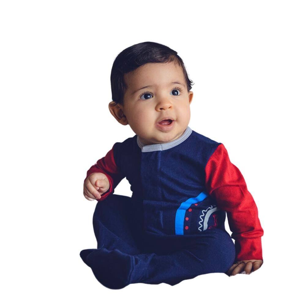 Macacão Magnético Marinho, detalhes vermelho e cinza com estampa arco-íris - 18 meses (1 a 2 anos)