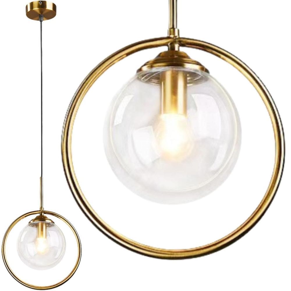 Lustre Pendente Circular 25Cm Dourado Globo Vidro 15Cm