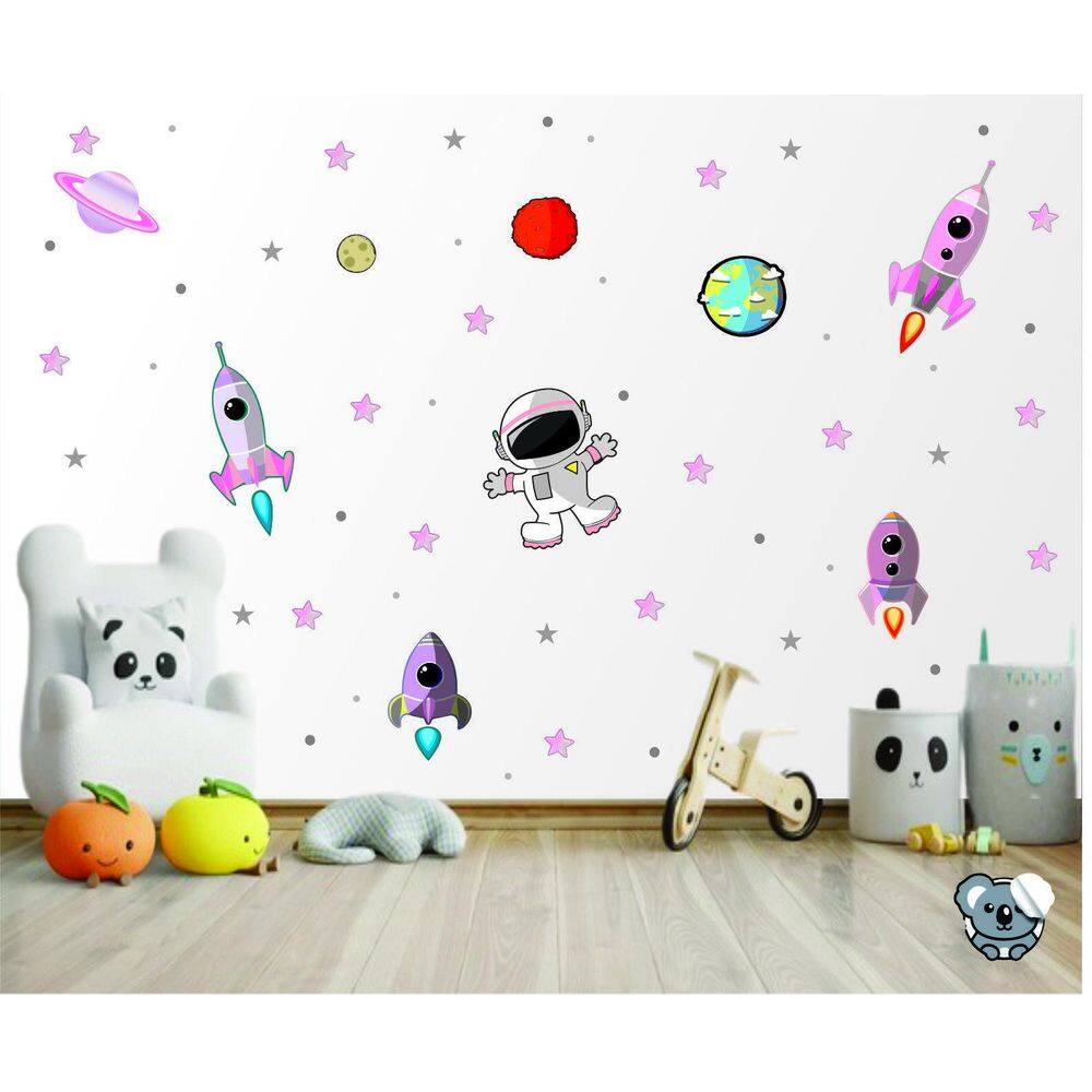 Adesivo De Parede Infantil Astronauta Galaxia E Foguetes