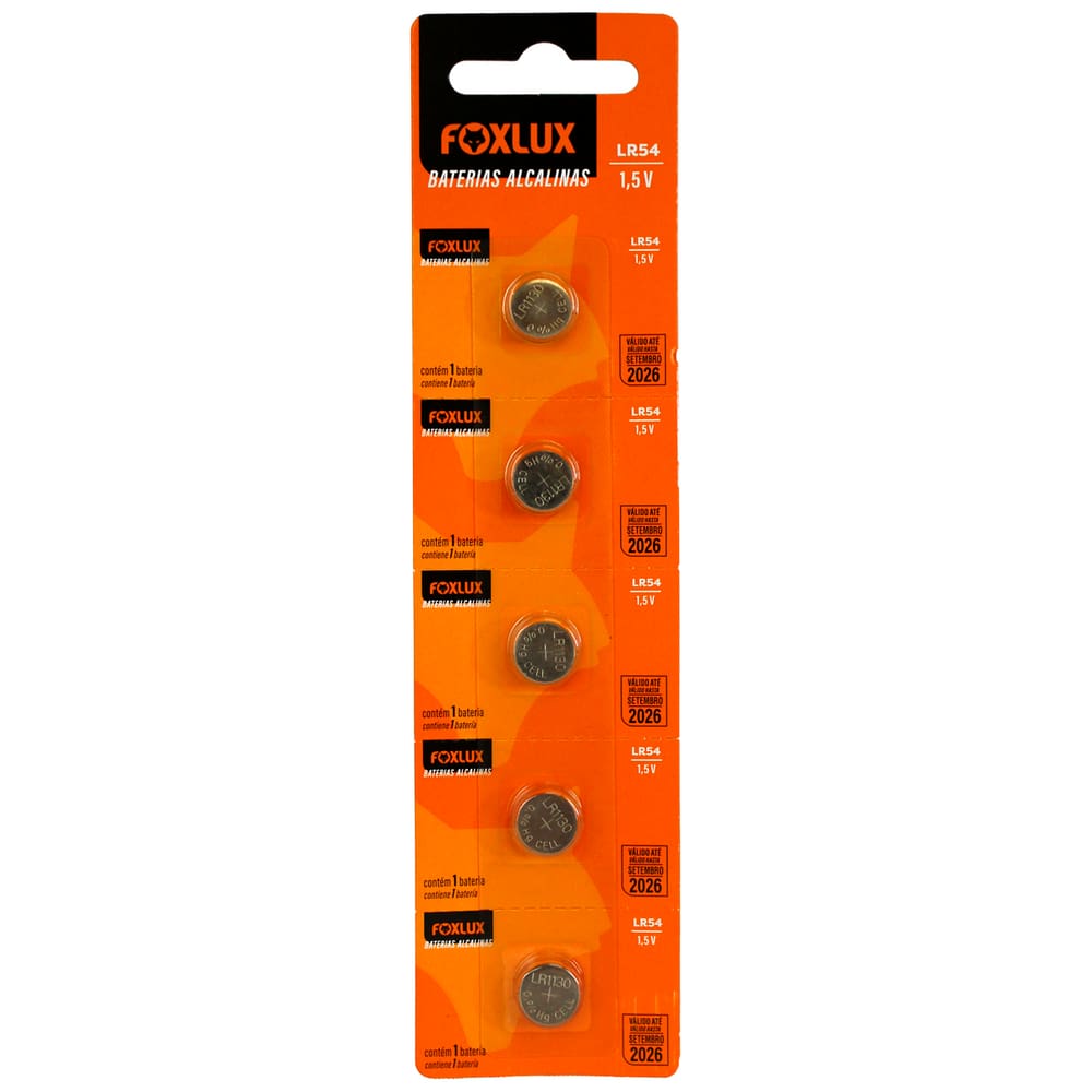 5 Baterias Alcalinas LR54 1,5V Foxlux - Cartela com 5 unidades