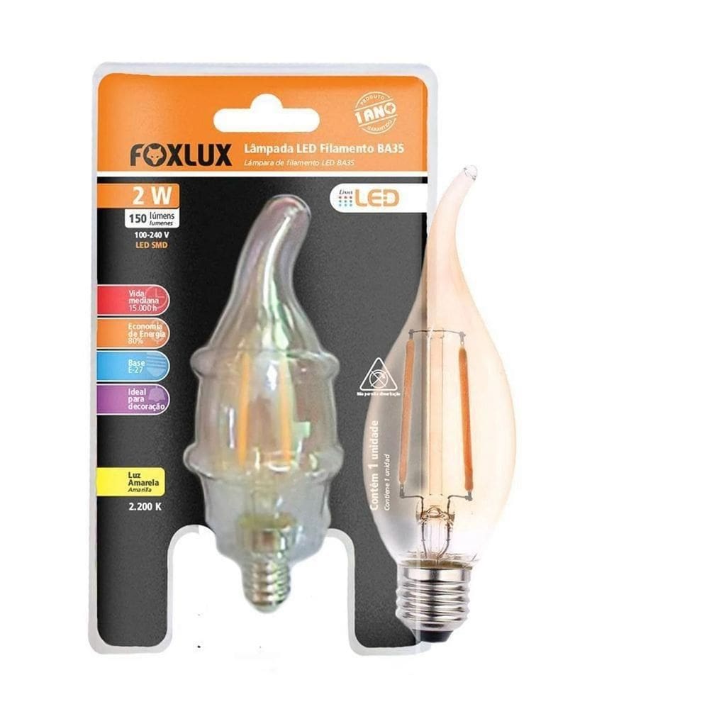 Lampada Filamento E27 Ba35 Vela Chama 2W Bivolt Foxlux