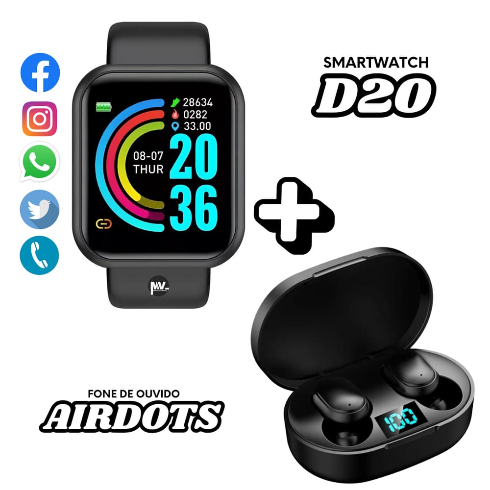 Fone de Ouvido Sem Fio TWS Bluetooth 5.0 + Smart Watch D20 Adiciona Foto