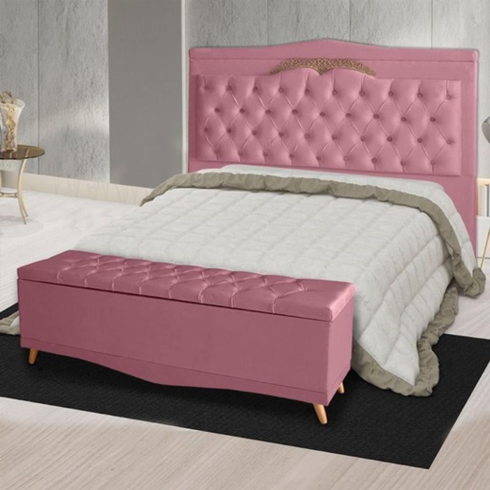Kit Cabeceira De Cama E Calçadeira Baú Madri King 195 Cm Suede Rosa Bebê Do Lar Móveis E Decoração