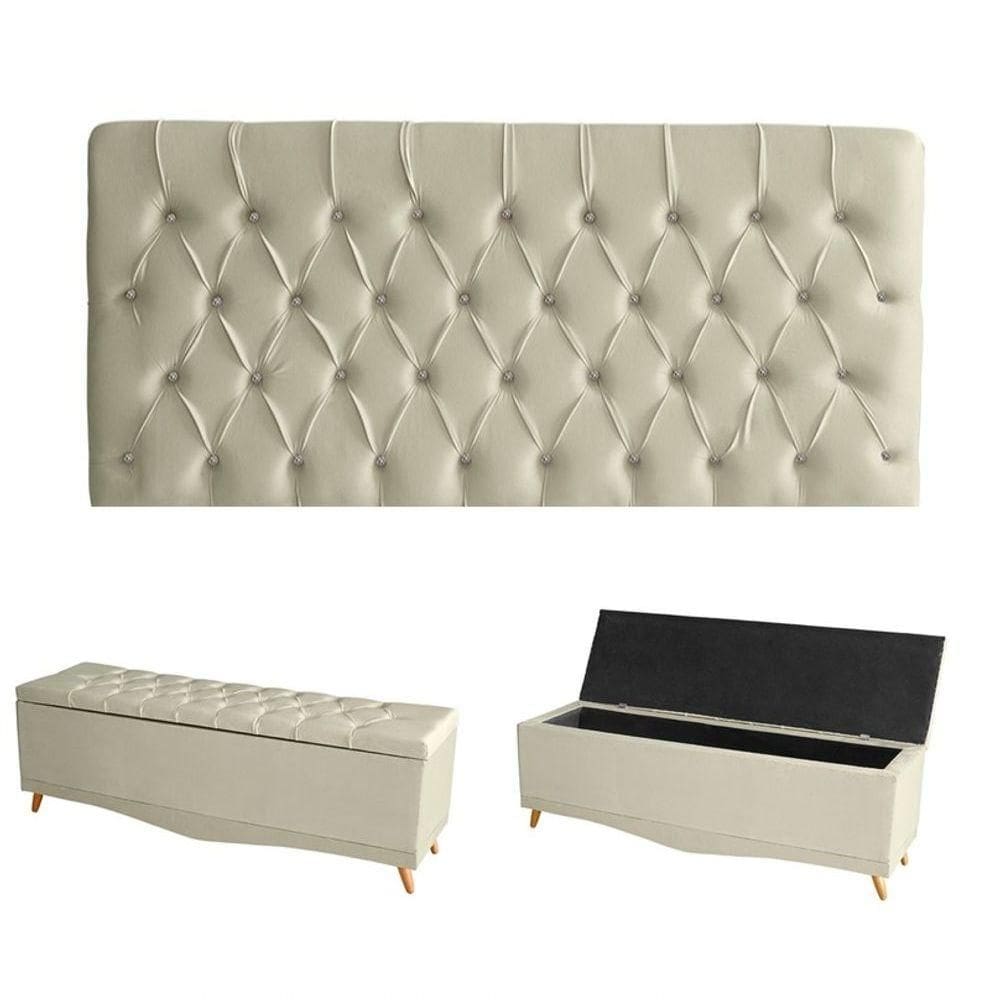 Kit Estrela Cabeceira De Cama Painel E Calçadeira Baú Botão Cristal Casal 140 Cm Suede Porcelana Do Lar Móveis E Decora
