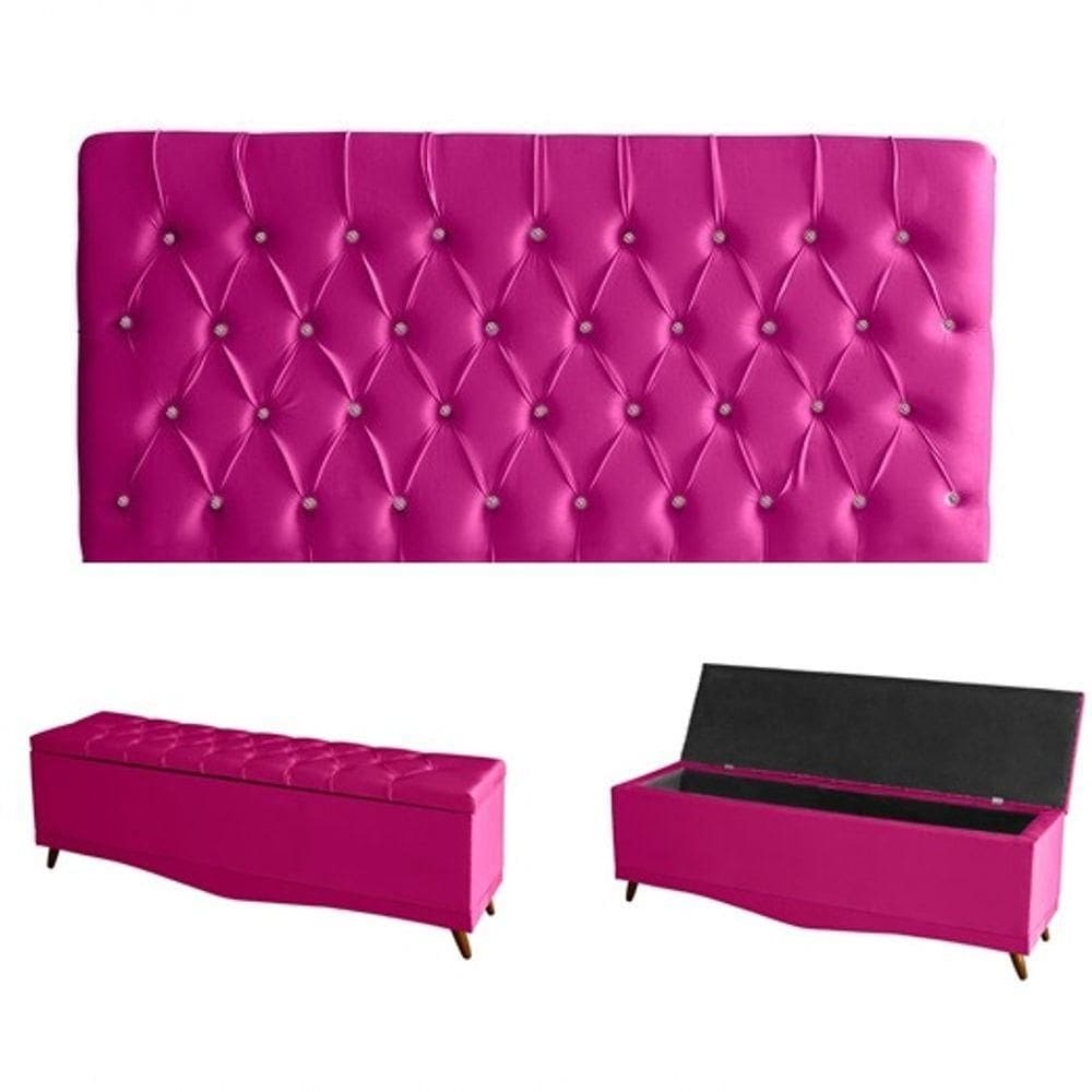 Kit Estrela Cabeceira De Cama Painel E Calçadeira Baú Botão Cristal Queen 160 Cm Suede Rosa Pink Do Lar Móveis E Decora