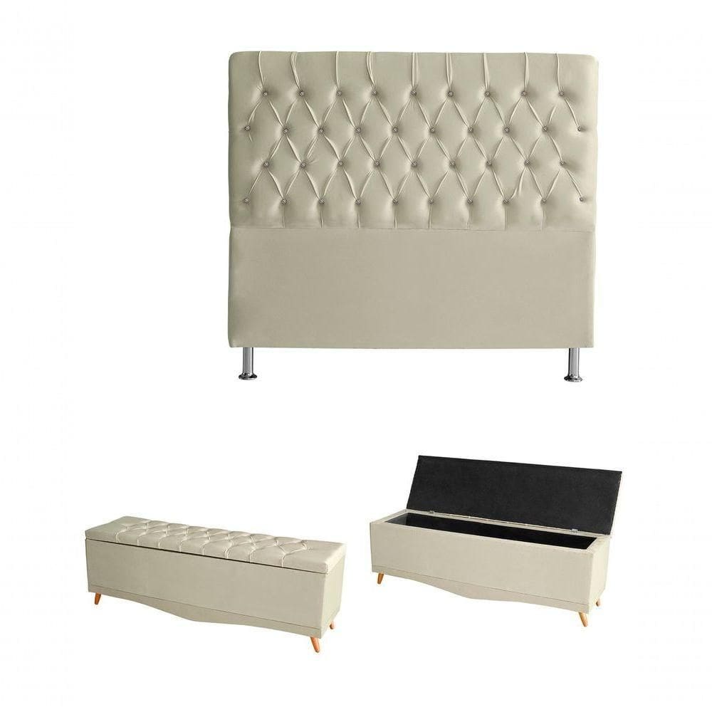 Kit Estrela Cabeceira De Cama E Calçadeira Baú Pés Palito Botão Cristal Queen 160 Cm Suede Porcelana Do Lar Móveis