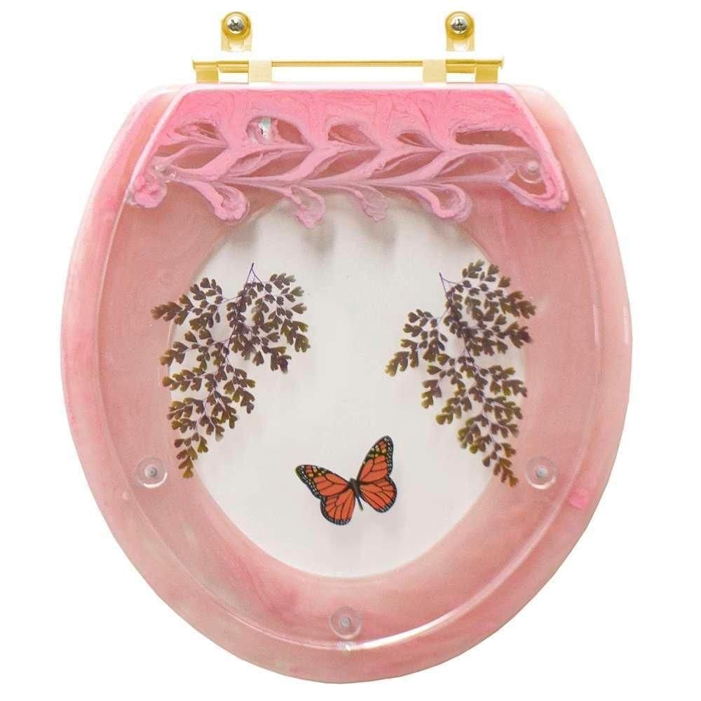 Assento Sanitário Poliester Oval Rosa Quartzo Decorado Borboleta Vermelha Com Ferragem Dourada