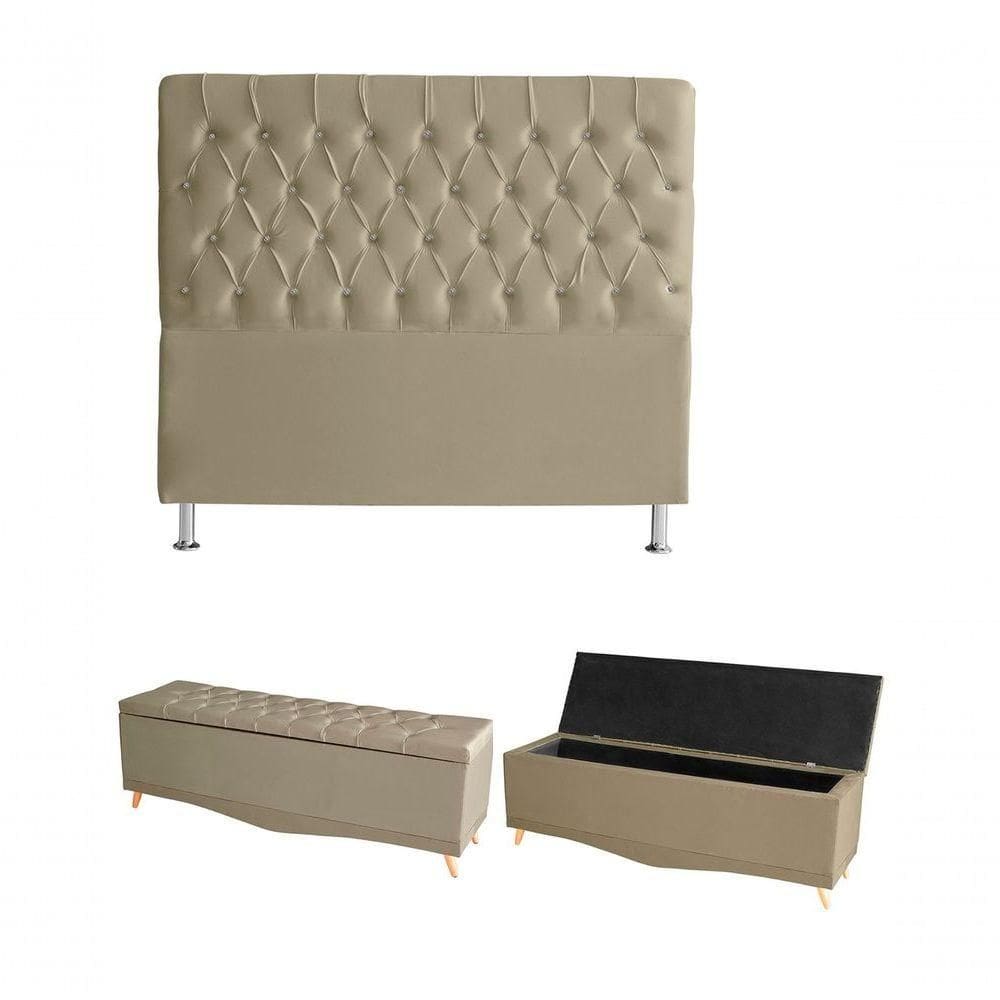 Kit Estrela Cabeceira De Cama E Calçadeira Baú Pés Palito Botão Cristal Casal 140 Cm Suede Bege Do Lar Móveis