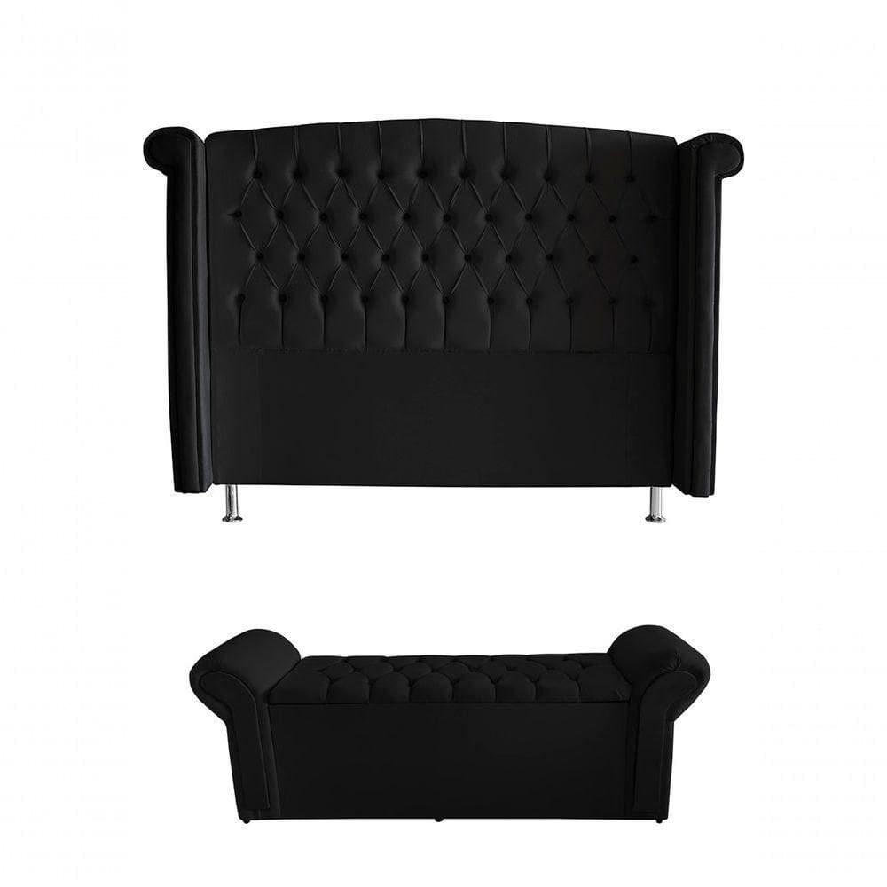 Kit Realeza Cabeceira De Cama E Calçadeira Baú King 195 Cm Suede Preto Do Lar Móveis