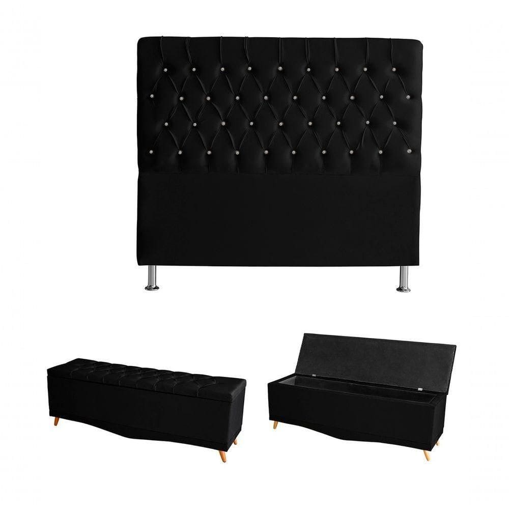 Kit Estrela Cabeceira De Cama E Calçadeira Baú Pés Palito Botão Cristal Casal 140 Cm Suede Preto Do Lar Móveis