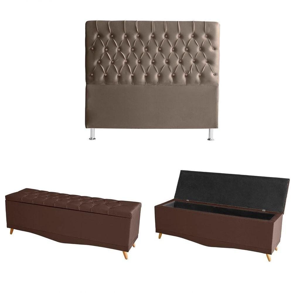 Kit Estrela Cabeceira De Cama E Calçadeira Baú Pés Palito Botão Cristal Casal 140 Cm Suede Rosê Do Lar Móveis