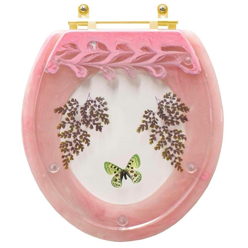 Assento Sanitário Decorado Oval Convencional Rosa Quartzo Com Borboleta Verde Para Todas As Marcas Com Ferragem Dourada