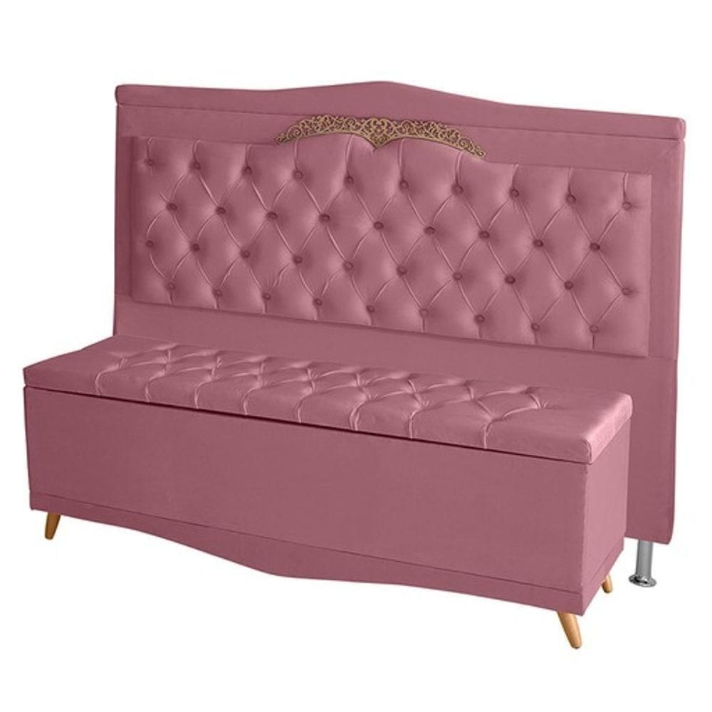 Kit Cabeceira De Cama E Calçadeira Baú Madri Queen 160 Cm Suede Rosa Bebê Do Lar Móveis E Decoração