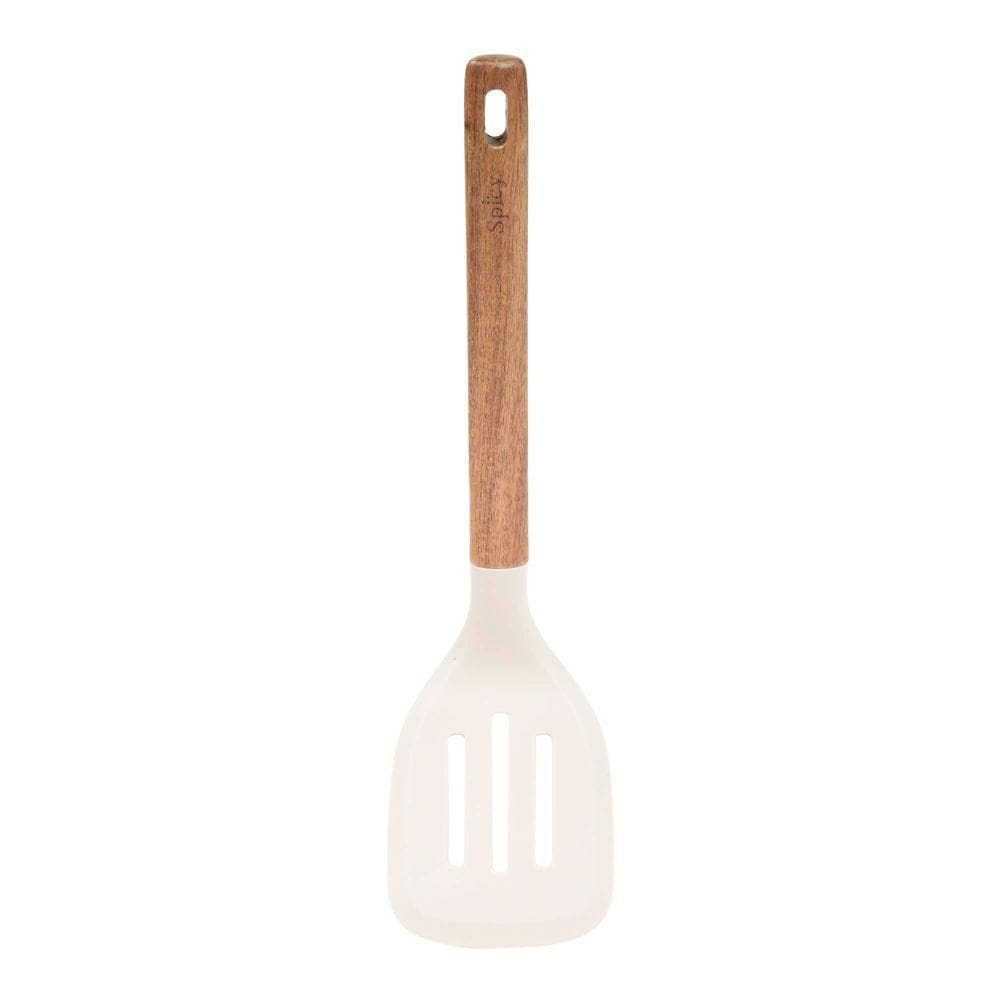 Espátula Vazada De Silicone Com Cabo Em Acácia Spicy Bege