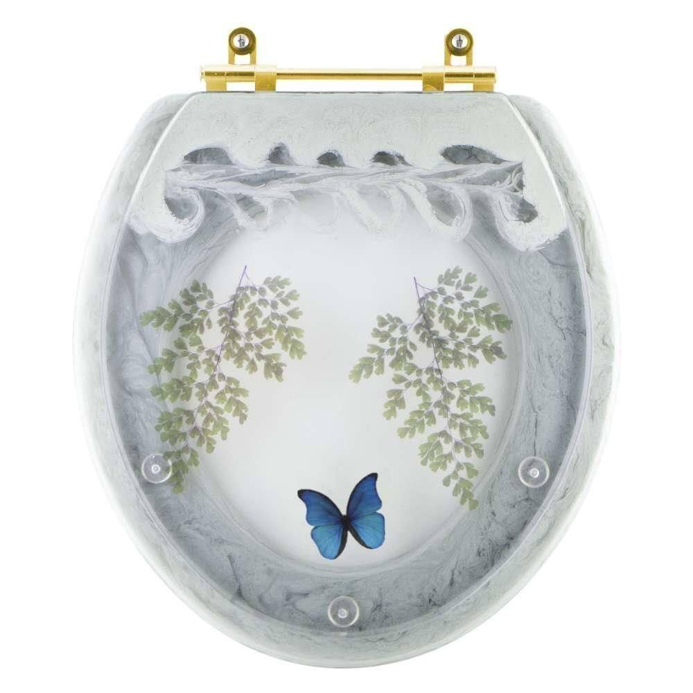 Assento Sanitário Poliester Oval Verde Agua Decorado Borboleta Azul Com Ferragem Dourada