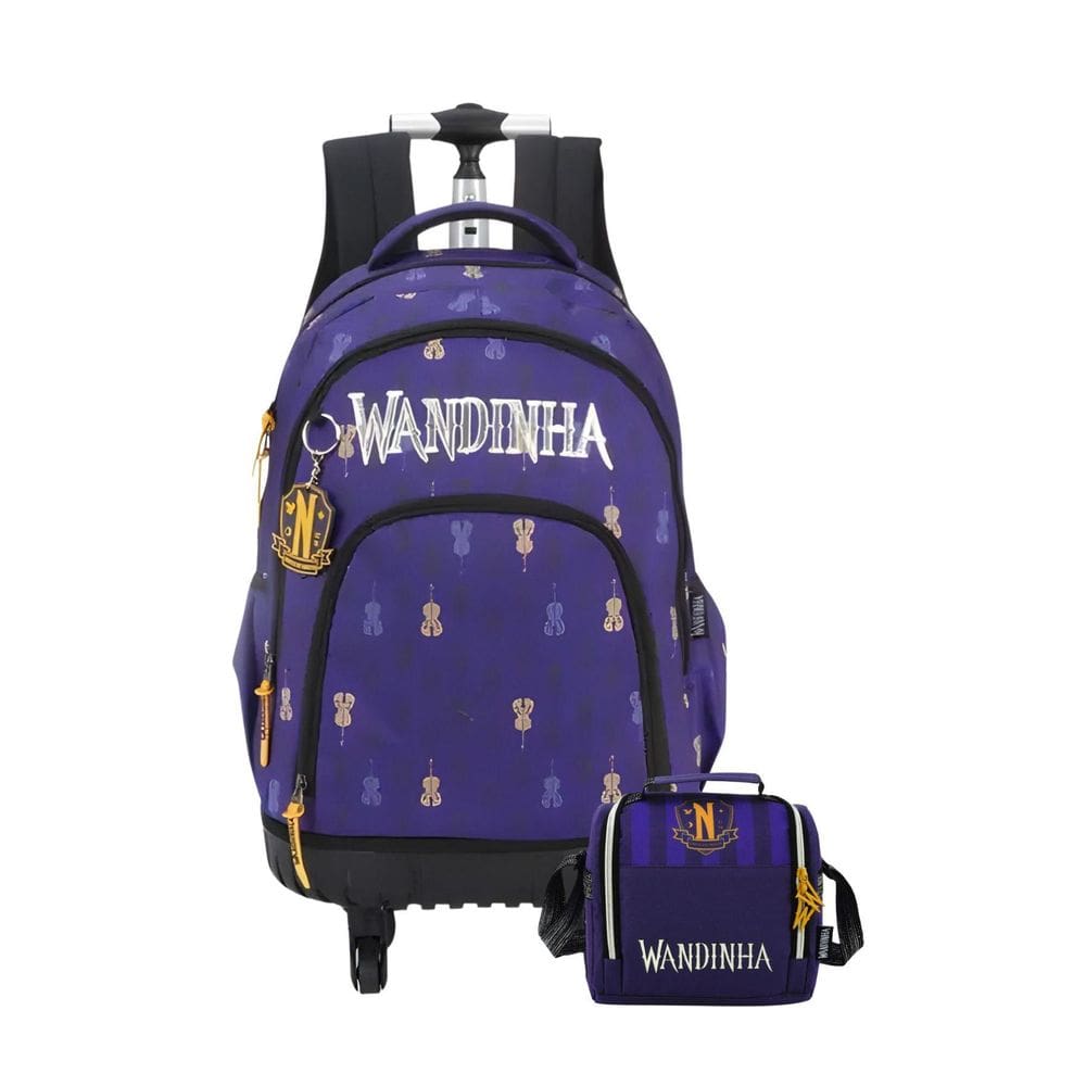 Kit Escolar Wandinha Mochila 04 Rodas 360 + Lancheira Roxa