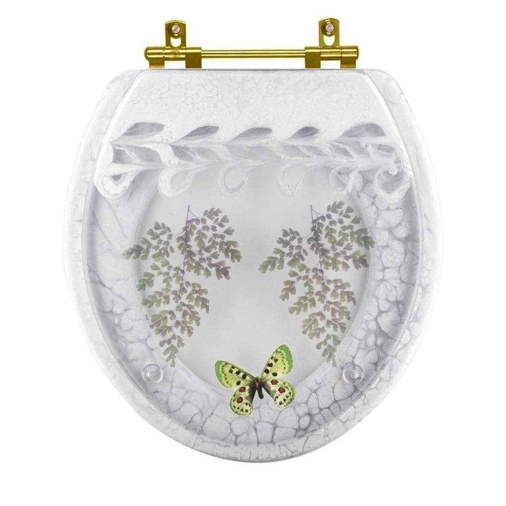 Assento Sanitário Decorado Oval Convencional Com Borboleta Verde Para Todas As Marcas Com Ferragem Dourada