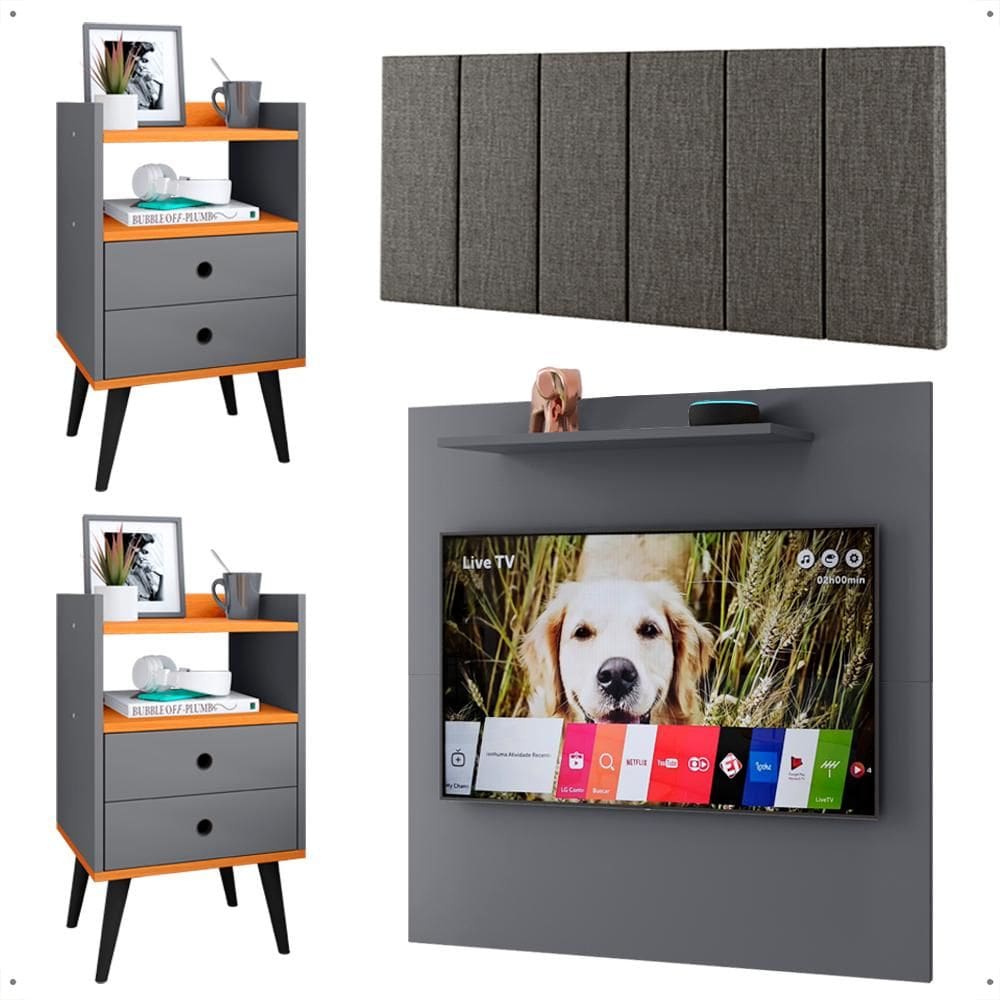 Kit 2 Mesinhas Lateral Cinza/Cinamomo Painel Tv 32 Polegadas Prateleira Suspensa Cabeceira Cama Box Casal 1,40 Linho - Lojas RPM
