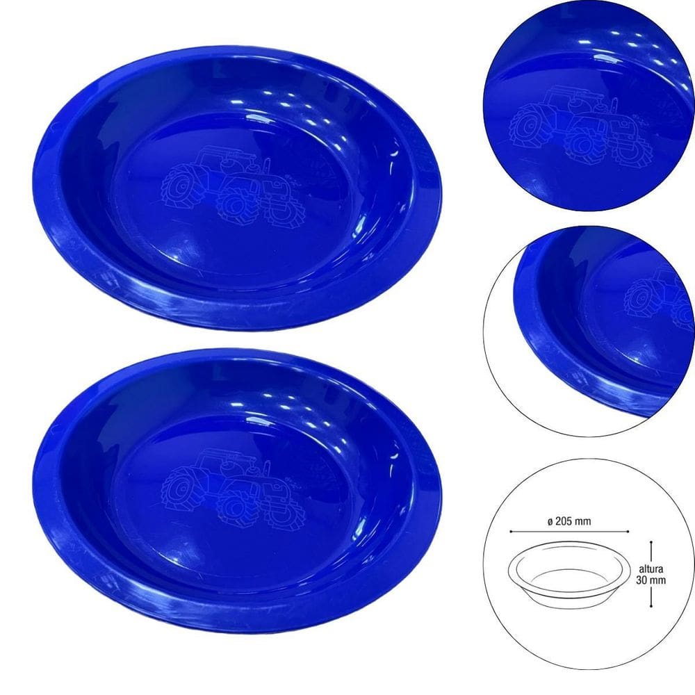 Kit 2 Prato Infantil De Plástico Com Desenho De Trator Azul