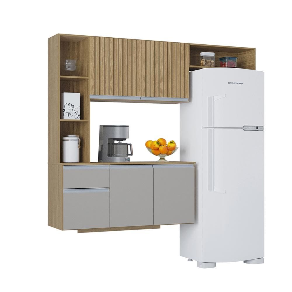 Cozinha Suspensa com Balcão Mel 163 cm Damasco Ripado Off White- Poquema