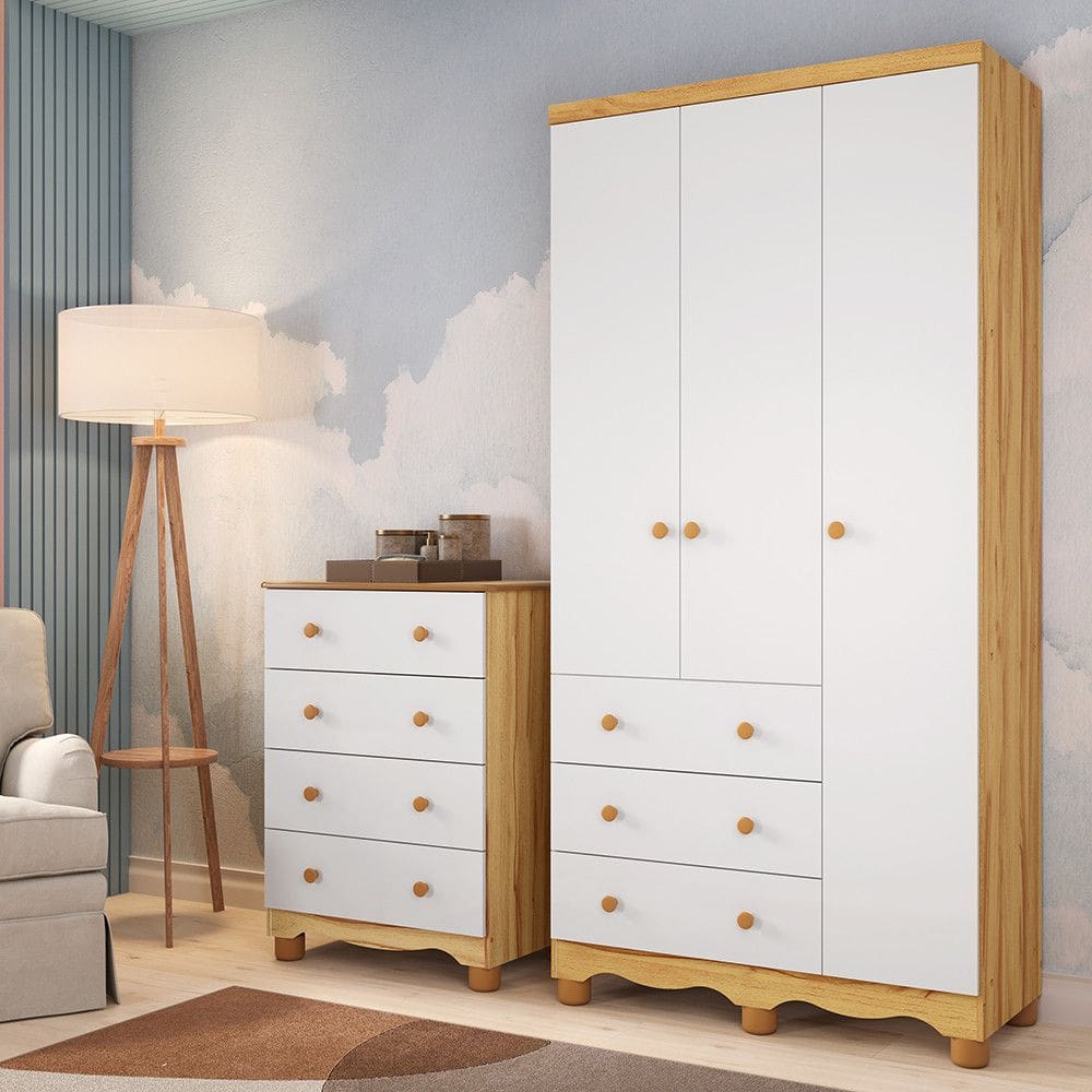 Quarto Infantil com Guarda Roupa Junior New 3 Portas 3 Gavetas e Cômoda 4 Gavetas Junior New MDF Móveis Peroba