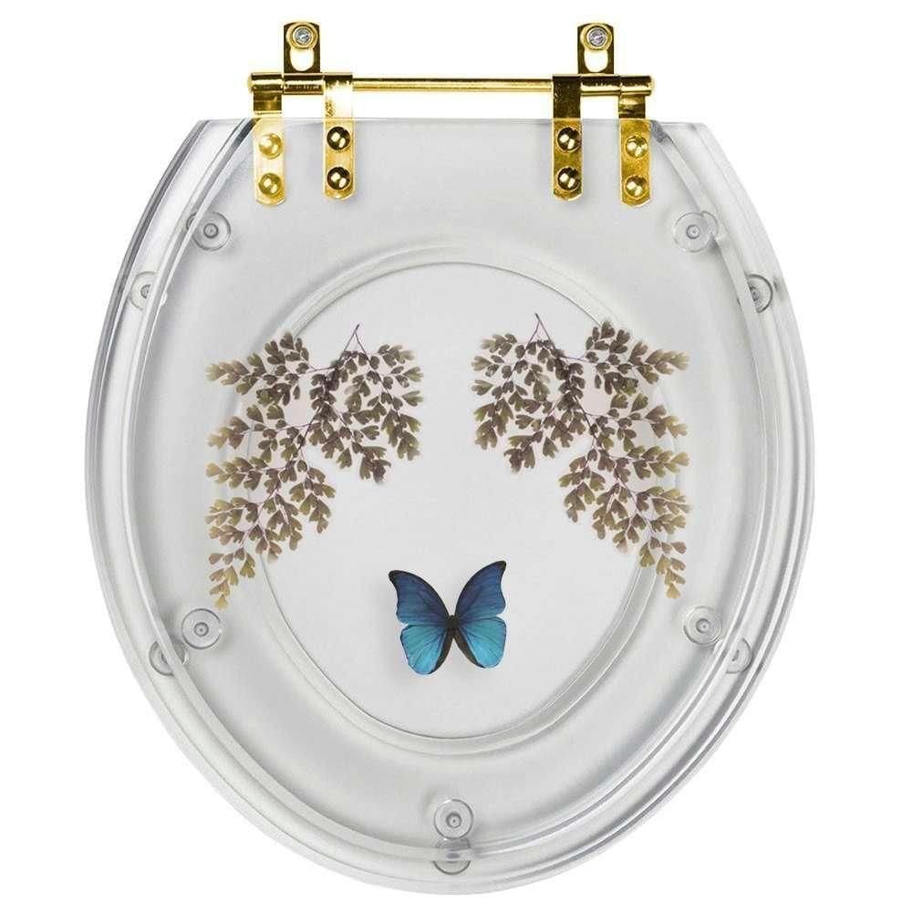 Assento Sanitário Poliester Oval Transparente Decorado Borboleta Azul Com Ferragem Dourada