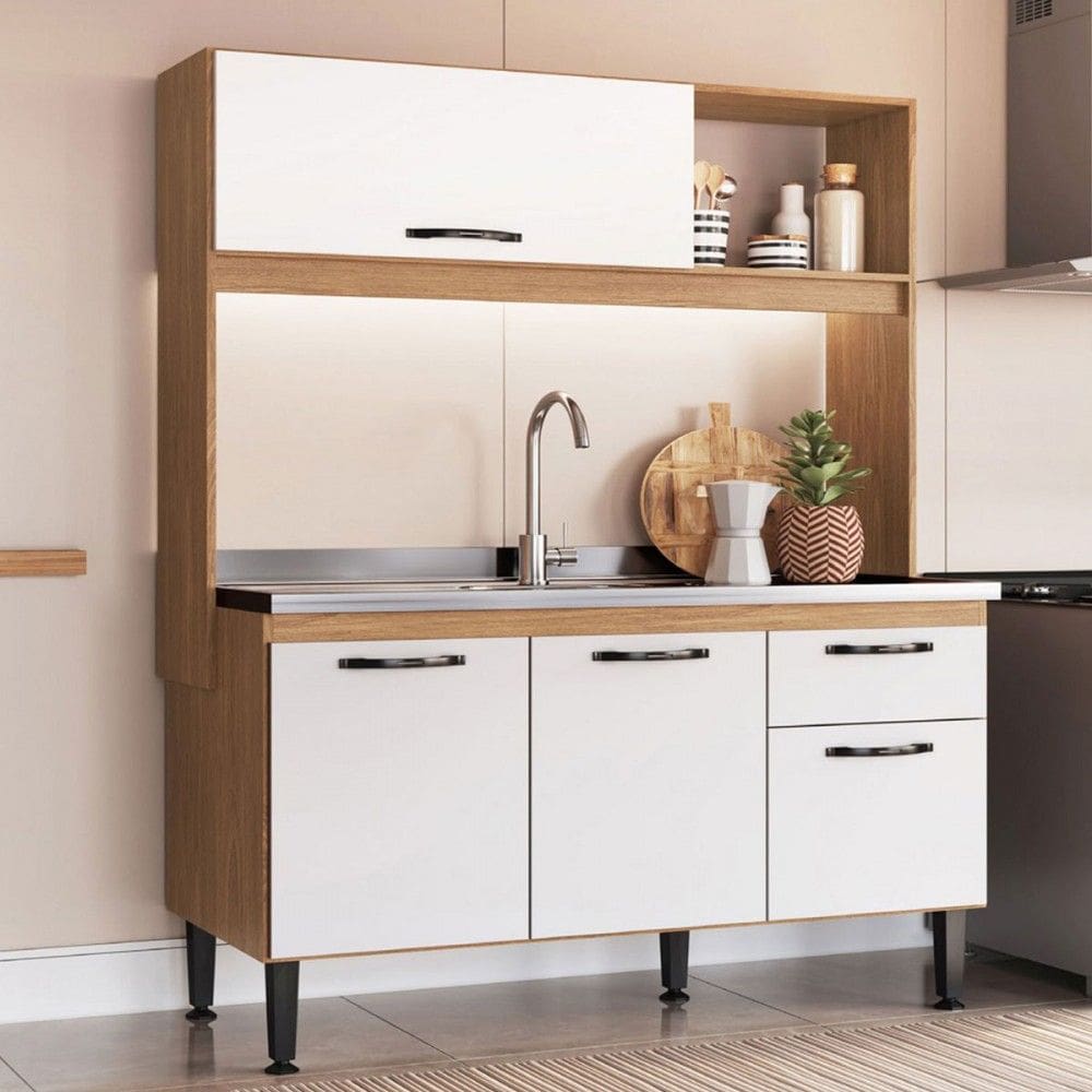 Cozinha Compacta Katy 4 Portas 1 Gaveta Freijó/Branco - Irm Móveis